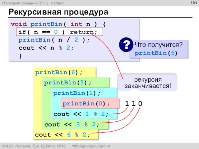 Рекурсивная процедура void printBin( int n ) { if( n == 0