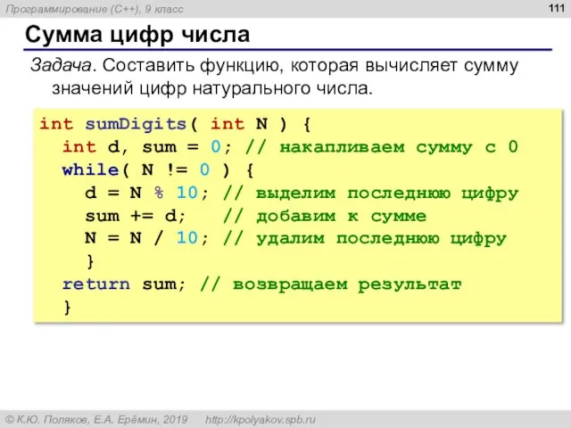 Сумма цифр числа Задача. Составить функцию, которая вычисляет сумму значений цифр натурального