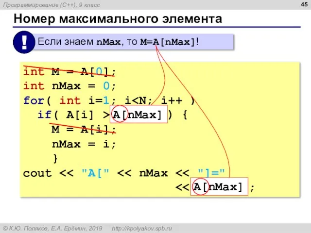 Номер максимального элемента int M = A[0]; int nMax = 0; for(