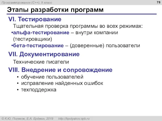 Этапы разработки программ VI. Тестирование Тщательная проверка программы во всех режимах: альфа-тестирование