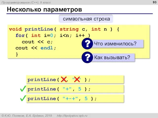 Несколько параметров void printLine( string c, int n ) { for( int