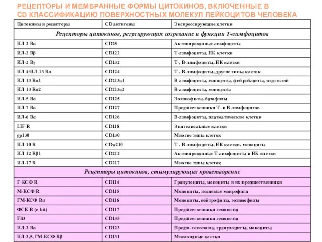 РЕЦЕПТОРЫ И МЕМБРАННЫЕ ФОРМЫ ЦИТОКИНОВ, ВКЛЮЧЕННЫЕ В CD КЛАССИФИКАЦИЮ ПОВЕРХНОСТНЫХ МОЛЕКУЛ ЛЕЙКОЦИТОВ ЧЕЛОВЕКА