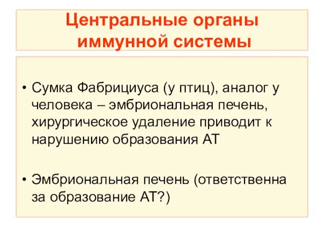 Центральные органы иммунной системы Сумка Фабрициуса (у птиц), аналог у человека –