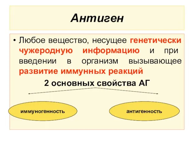 Антиген Любое вещество, несущее генетически чужеродную информацию и при введении в организм