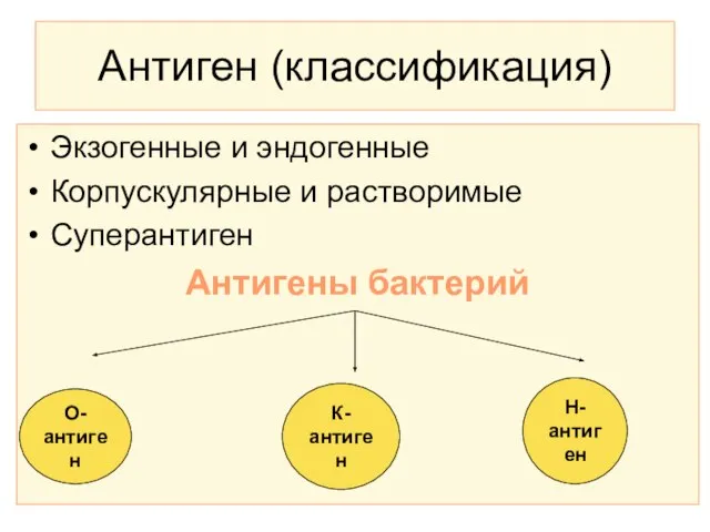 Экзогенные и эндогенные Корпускулярные и растворимые Суперантиген Антигены бактерий Антиген (классификация) О-антиген К-антиген Н-антиген