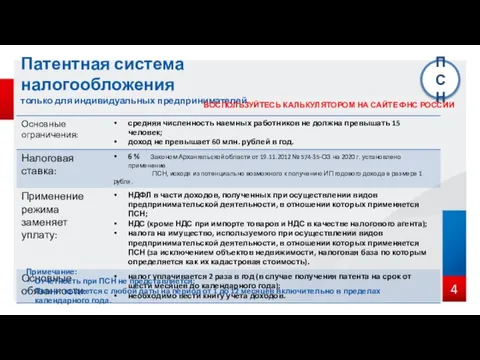 4 Патентная система налогообложения только для индивидуальных предпринимателей ПСН Примечание: Отчетность при