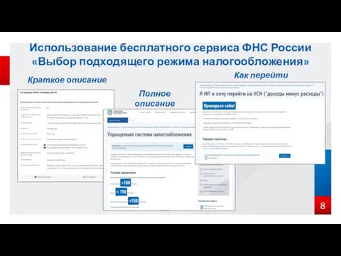 8 Использование бесплатного сервиса ФНС России «Выбор подходящего режима налогообложения» Краткое описание Полное описание Как перейти