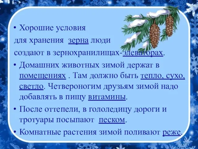 Хорошие условия для хранения зерна люди создают в зернохранилищах-элеваторах. Домашних животных зимой