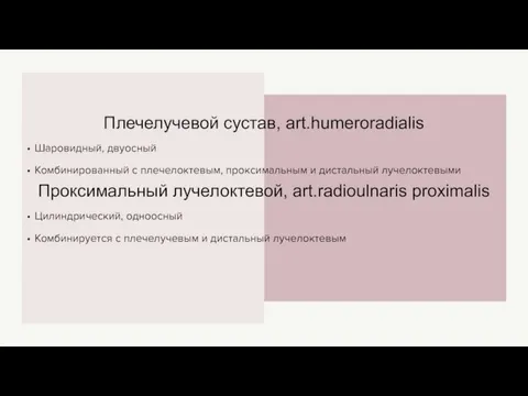 Плечелучевой сустав, art.humeroradialis Шаровидный, двуосный Комбинированный с плечелоктевым, проксимальным и дистальный лучелоктевыми