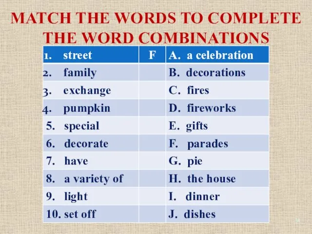 MATCH THE WORDS TO COMPLETE THE WORD COMBINATIONS