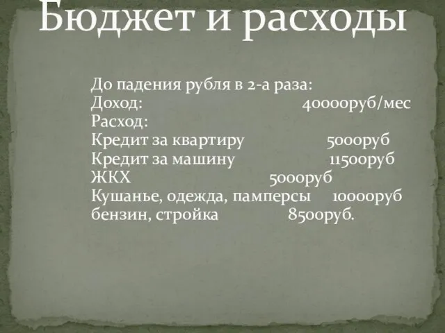 До падения рубля в 2-а раза: Доход: 40000руб/мес Расход: Кредит за квартиру