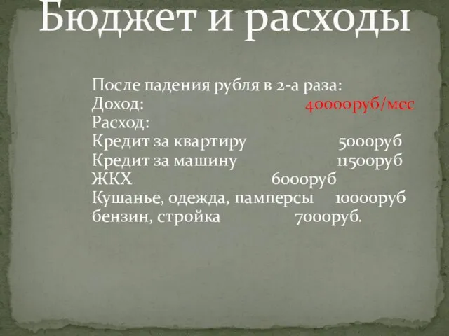 После падения рубля в 2-а раза: Доход: 40000руб/мес Расход: Кредит за квартиру