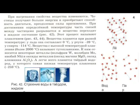 4 Рис. 42. Строение воды в твёрдом, жидком и газообразном состоянии