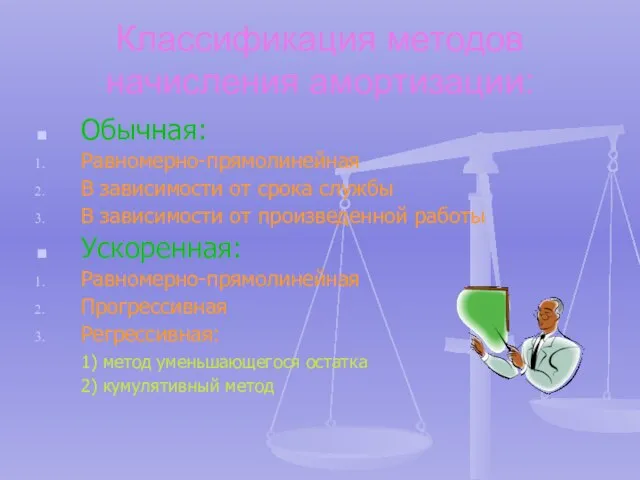 Классификация методов начисления амортизации: Обычная: Равномерно-прямолинейная В зависимости от срока службы В