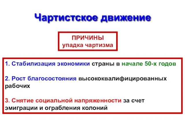 Чартистское движение ПРИЧИНЫ упадка чартизма 1. Стабилизация экономики страны в начале 50-х