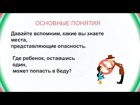 ОСНОВНЫЕ ПОНЯТИЯ Давайте вспомним, какие вы знаете места, представляющие опасность. Где ребенок,