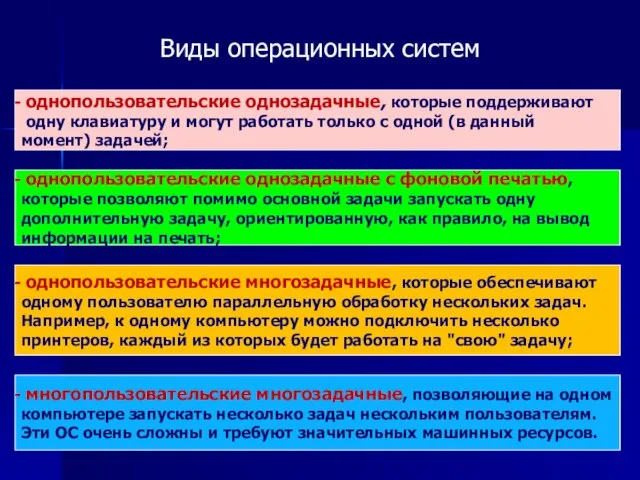 однопользовательские однозадачные, которые поддерживают одну клавиатуру и могут работать только с одной