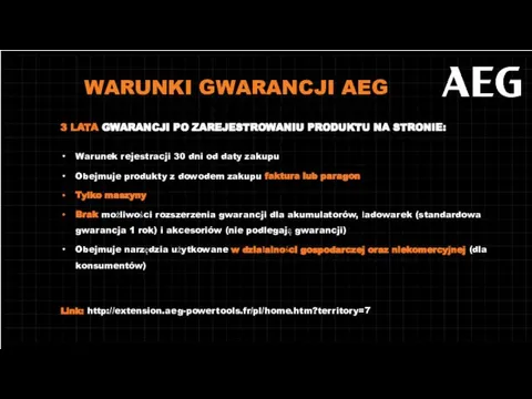 WARUNKI GWARANCJI AEG 3 LATA GWARANCJI PO ZAREJESTROWANIU PRODUKTU NA STRONIE: Warunek