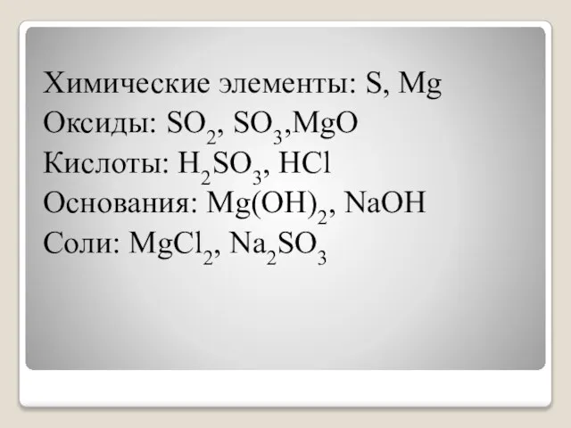 Химические элементы: S, Mg Оксиды: SO2, SO3,MgO Кислоты: H2SO3, HCl Основания: Mg(OH)2, NaOH Соли: MgCl2, Na2SO3