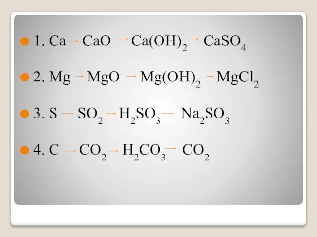 1. Ca CaO Ca(OH)2 CaSO4 2. Mg MgO Mg(OH)2 MgCl2 3. S