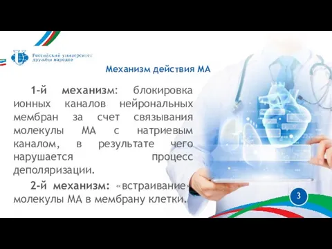 1-й механизм: блокировка ионных каналов нейрональных мембран за счет связывания молекулы МА