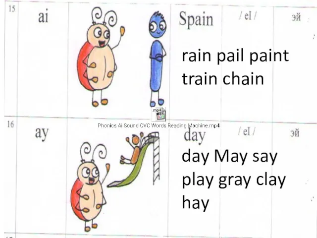 rain pail paint train chain day May say play gray clay hay