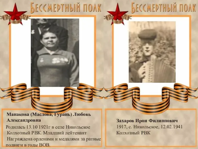 Захаров Ирон Филиппович 1917, с. Никольское, 12.02.1941 Колхозный РВК Манакова (Маслова, Гурань)