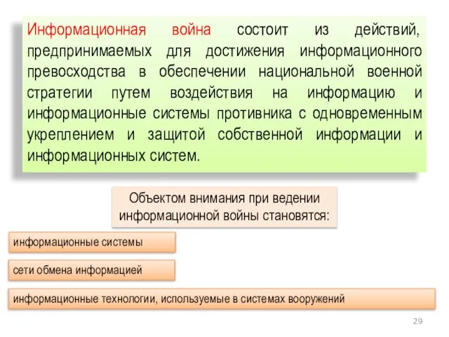 Информационная война состоит из действий, предпринимаемых для достижения информационного превосходства в обеспечении