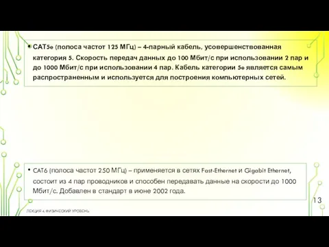 САТ5e (полоса частот 125 МГц) – 4-парный кабель, усовершенствованная категория 5. Скорость