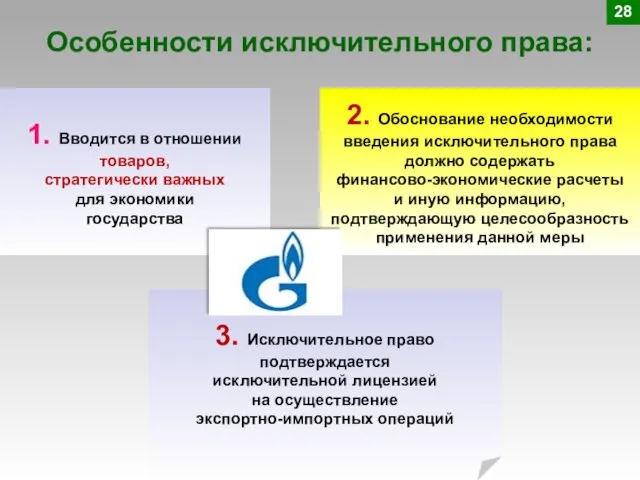 Особенности исключительного права: 28 1. Вводится в отношении товаров, стратегически важных для
