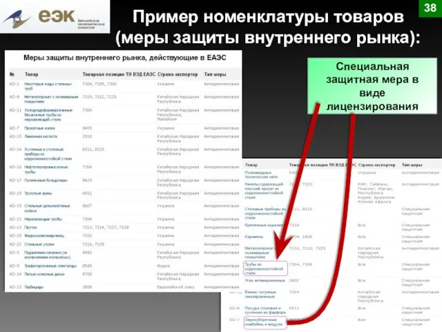 Пример номенклатуры товаров (меры защиты внутреннего рынка): Специальная защитная мера в виде лицензирования 38