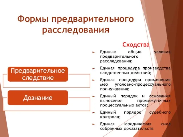 Формы предварительного расследования Сходства Единые общие условия предварительного расследования; Единая процедура производства