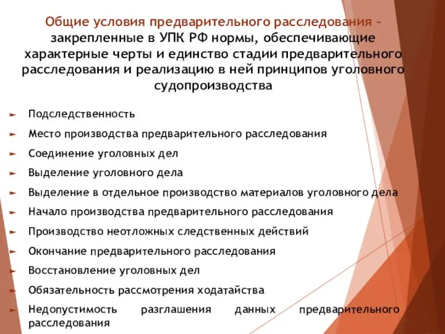 Общие условия предварительного расследования – закрепленные в УПК РФ нормы, обеспечивающие характерные