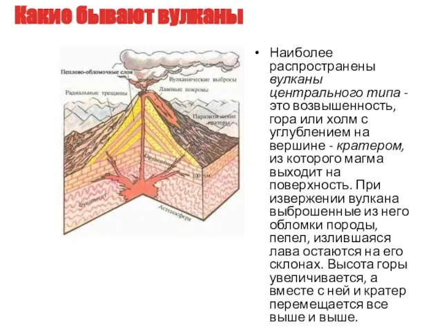 Какие бывают вулканы Наиболее распространены вулканы центрального типа - это возвышенность, гора
