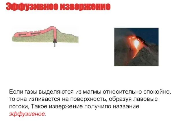 Эффузивное извержение Если газы выделяются из магмы относительно спокойно, то она изливается