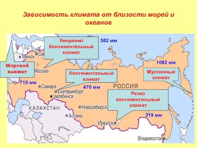 Зависимость климата от близости морей и океанов Морской климат Умеренно Континентальный климат