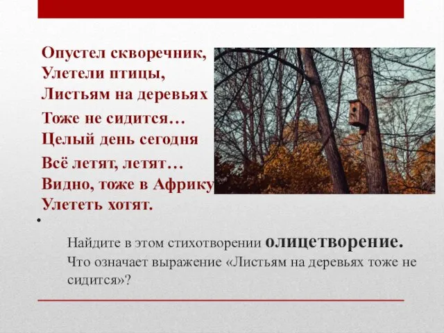 Найдите в этом стихотворении олицетворение. Что означает выражение «Листьям на деревьях тоже