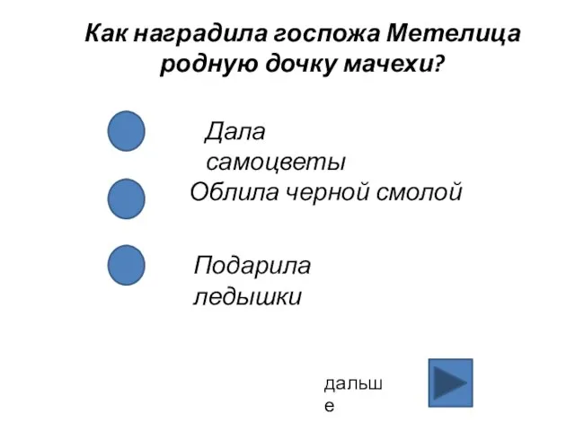 Как наградила госпожа Метелица родную дочку мачехи? Дала самоцветы Облила черной смолой Подарила ледышки дальше