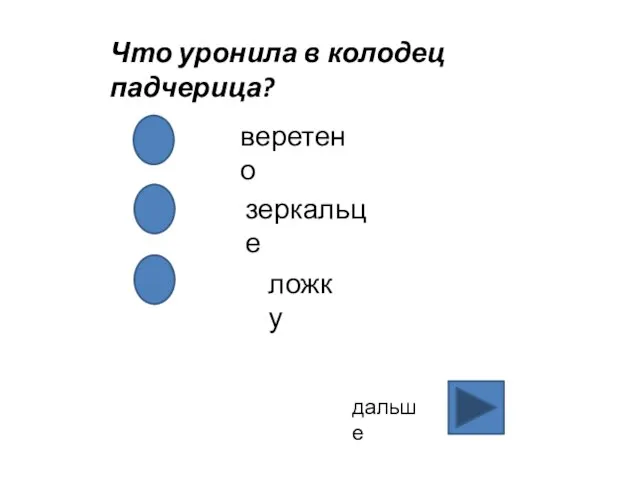 Что уронила в колодец падчерица? веретено зеркальце ложку дальше