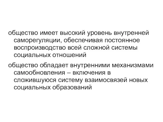 общество имеет высокий уровень внутренней саморегуляции, обеспечивая постоянное воспроизводство всей сложной системы