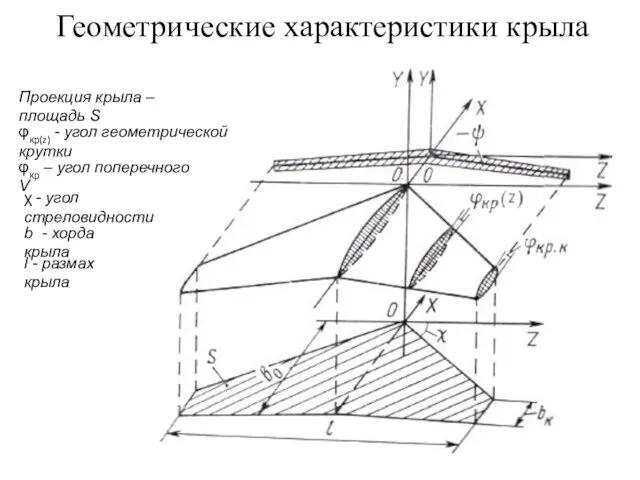 Геометрические характеристики крыла Проекция крыла – площадь S φкр(z) - угол геометрической