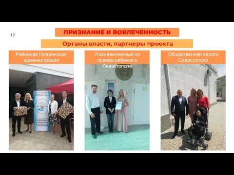 ПРИЗНАНИЕ И ВОВЛЕЧЕННОСТЬ Органы власти, партнеры проекта Районная Гагаринская администрация Уполномоченный по