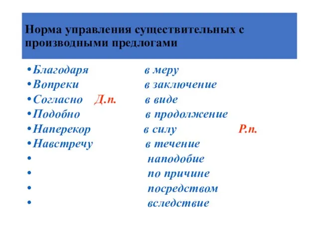 Норма управления существительных с производными предлогами Благодаря в меру Вопреки в заключение