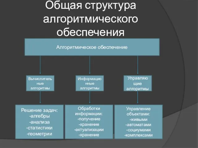 Общая структура алгоритмического обеспечения Алгоритмическое обеспечение Вычислительные алгоритмы Информационные алгоритмы Управляющие алгоритмы