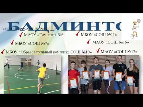 БАДМИНТОН Занятия проходят на базе: МАОУ «Гимназия №6» МБОУ «СОШ №7» МБОУ