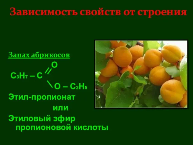 Запах абрикосов О С3Н7 – С О – С2Н5 Этил-пропионат или Этиловый