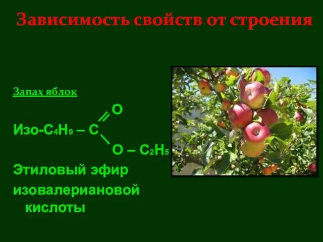Запах яблок О Изо-С4Н9 – С О – С2Н5 Этиловый эфир изовалериановой