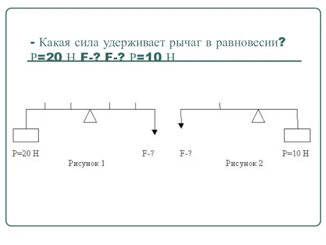 - Какая сила удерживает рычаг в равновесии? Р=20 Н F-? F-? Р=10 Н