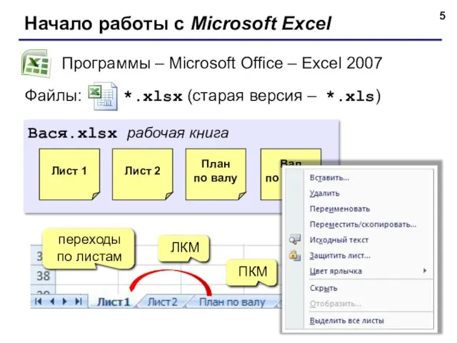 Начало работы с Microsoft Excel Программы – Microsoft Office – Excel 2007