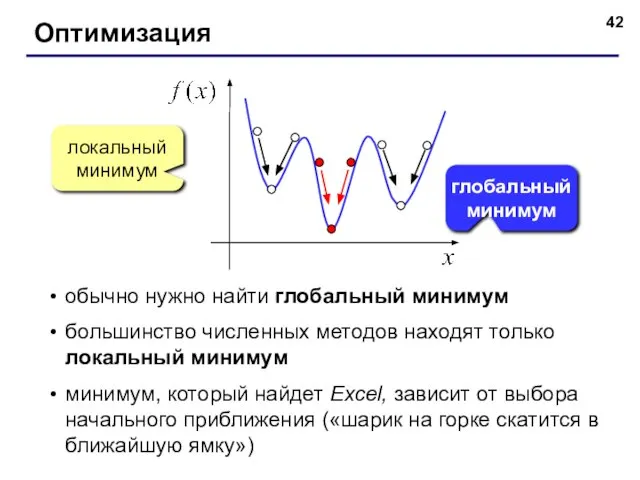 Оптимизация локальный минимум глобальныйминимум обычно нужно найти глобальный минимум большинство численных методов